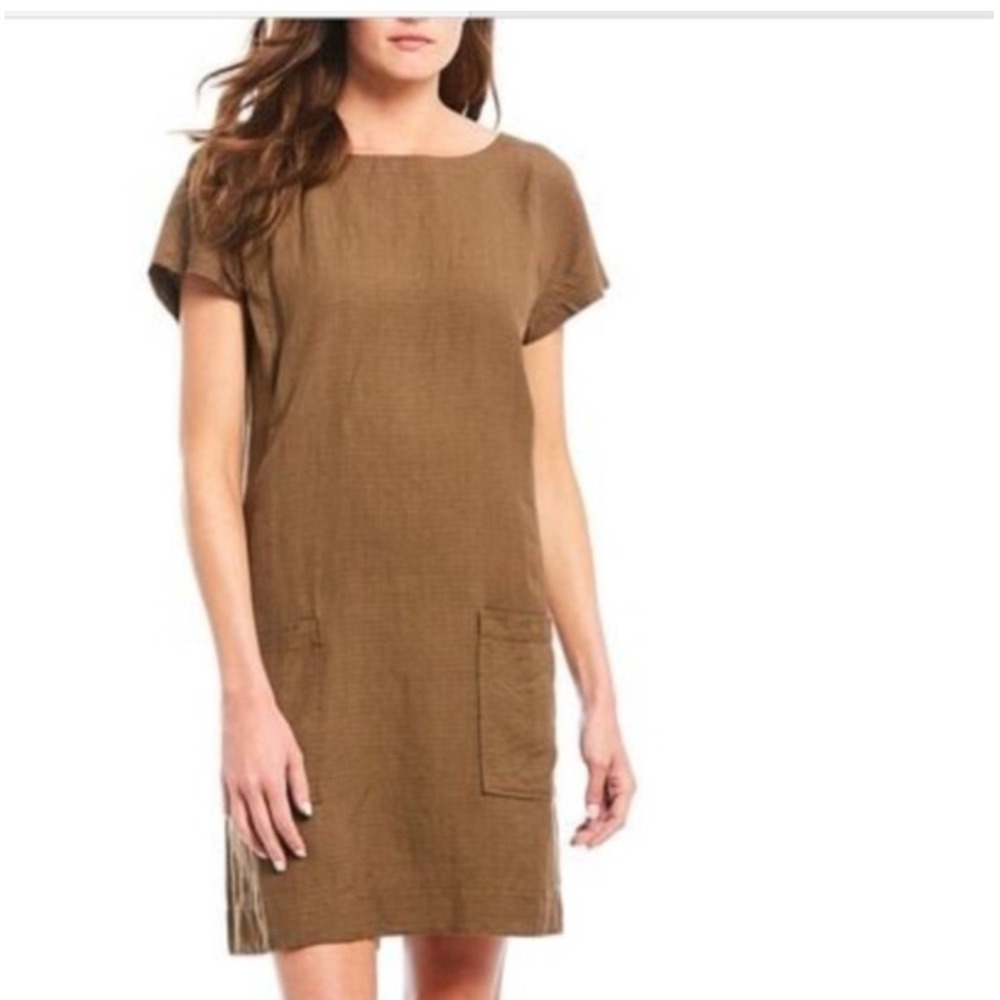 Eileen Fisher Brown Linen Blend Short Sleeve Pocket Shift Dress Sz S